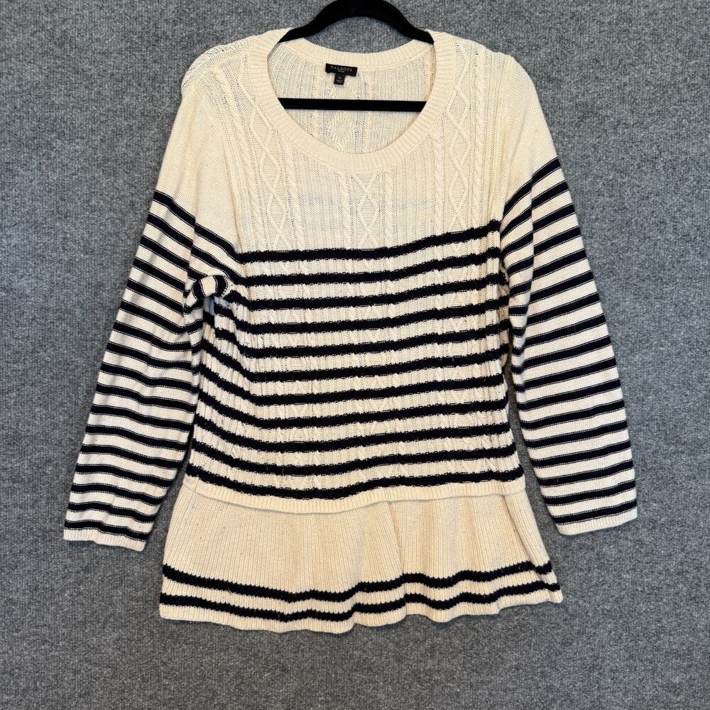 Talbots Sweater Women 1X Beige Black Striped Cable Knit Cashmere Blend Plus Size